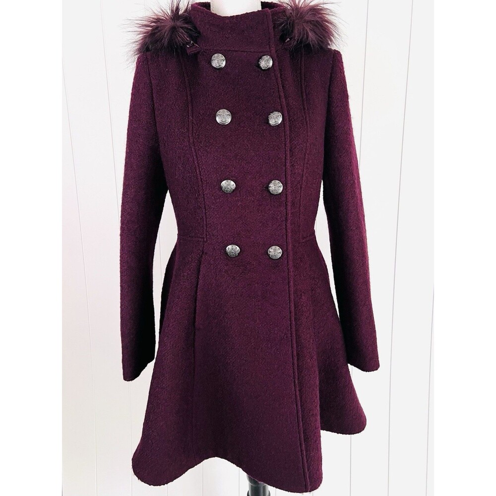 Liz Claiborne Deep Plum Purple Wool Blend Faux Fur Trim Hooded Pea Coat Small